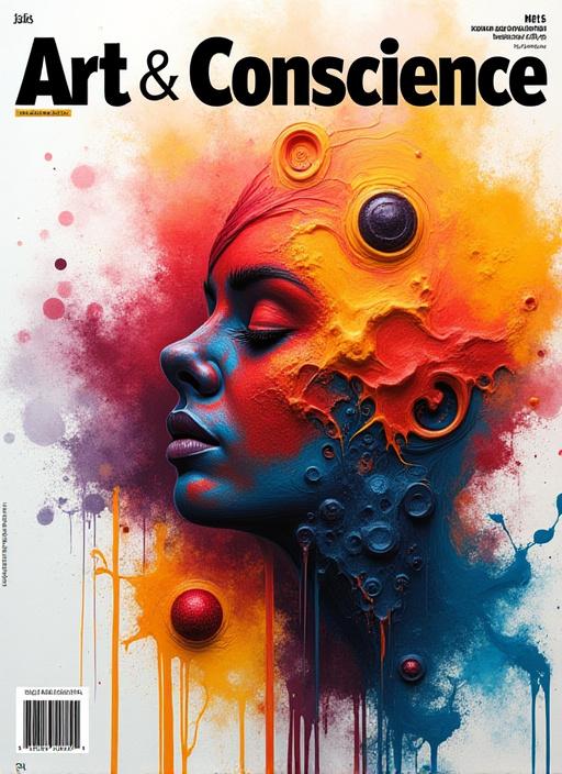 Couverture du magazine Art & Conscience avec une œuvre d'art abstraite et colorée, des formes fluides et des teintes vives.